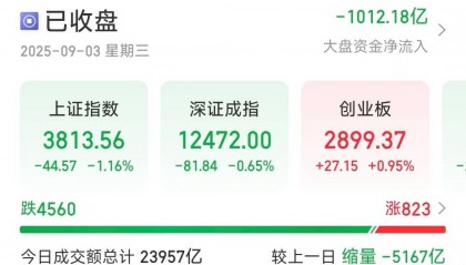沪指缩量调整跌1.16％，超4500只个股下跌