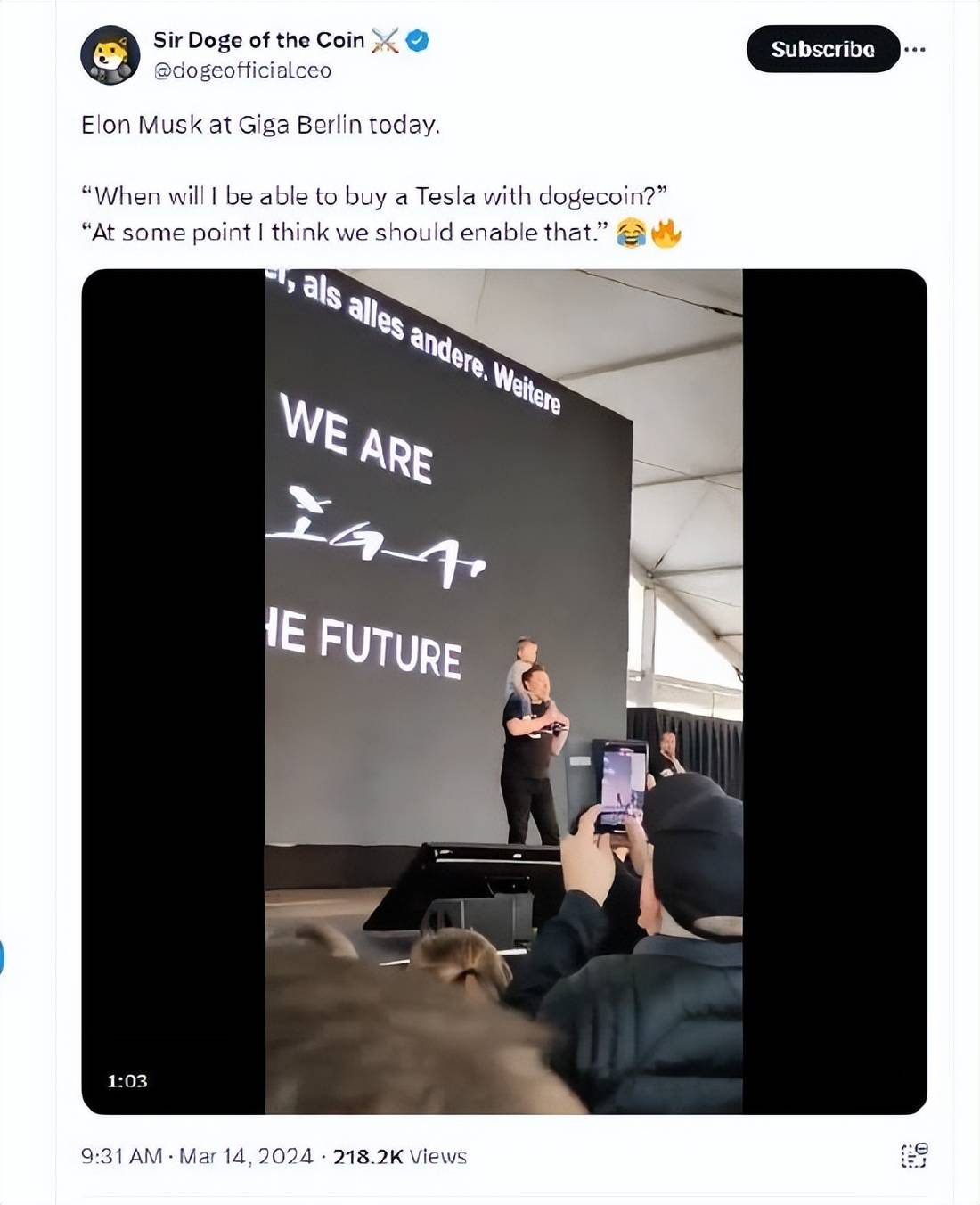 马斯克访问特斯拉柏林工厂！称可能接受狗狗币付款：狗狗币是人民的加密货币