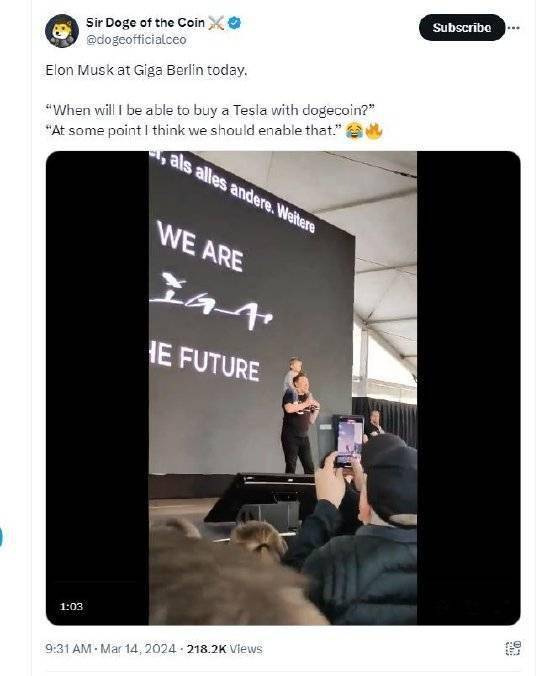 马斯克访问特斯拉柏林工厂！称可能接受狗狗币付款：狗狗币是人民的加密货币，所以我会支持它